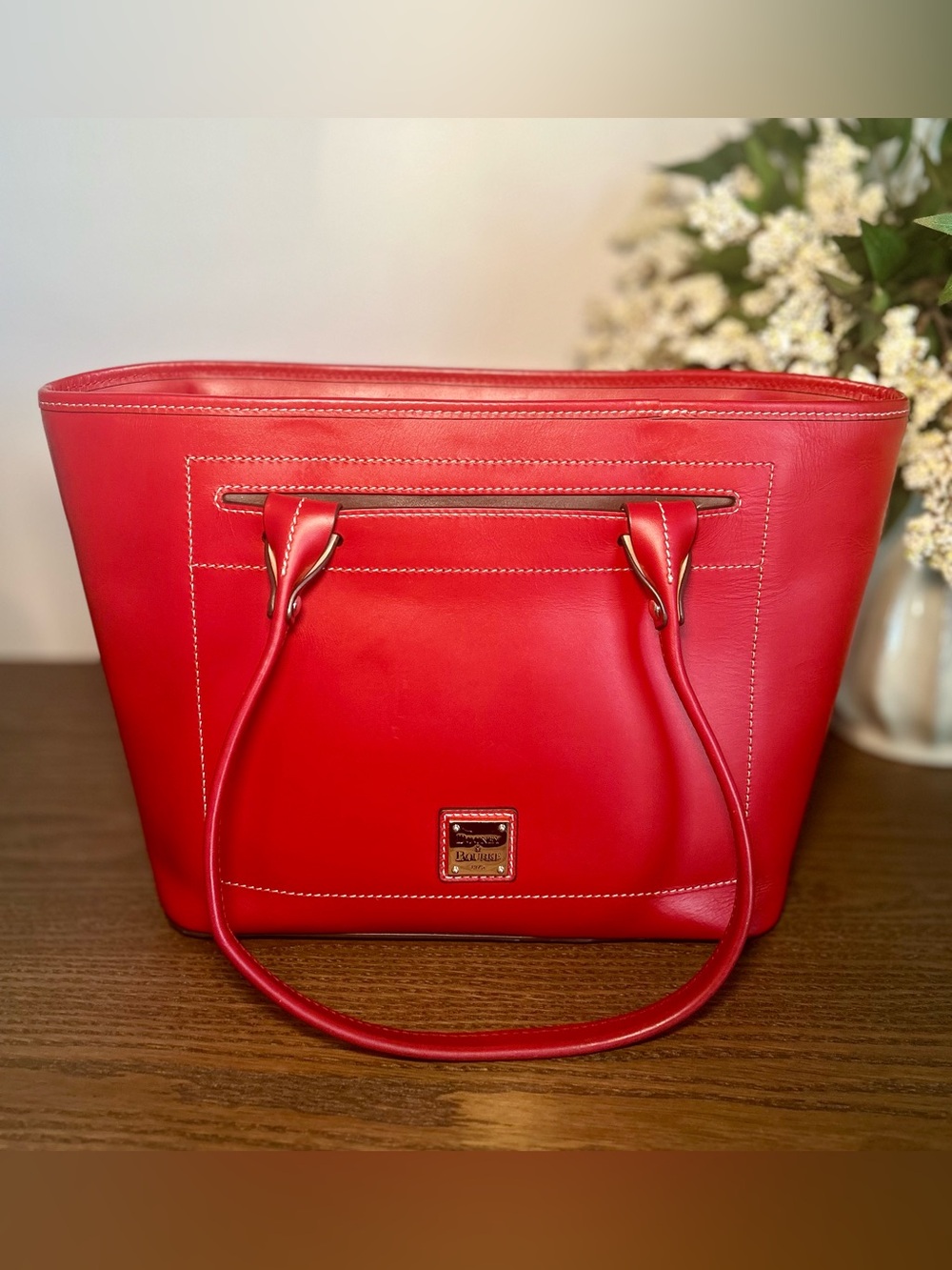 Dooney & Bourke Beacon Slip Tote Red European Vacchetta Leather Zip Tote